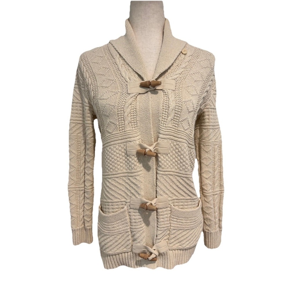 Ralph Lauren Cable Knit Shawl Collar Cardigan Wood Toggle Button Cotton Linen S